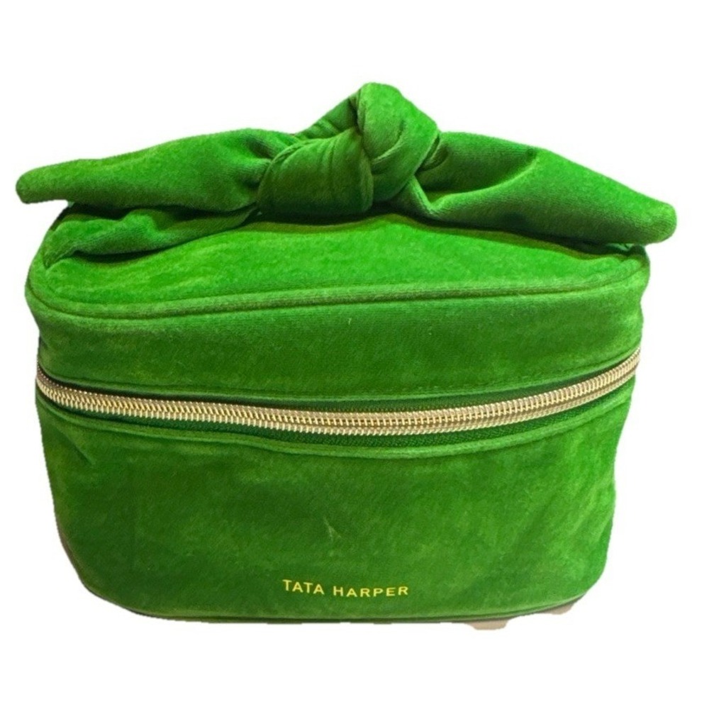 Tata Harper Green Velvet Bow Makeup Bag Women Small Cosmetic Case Green